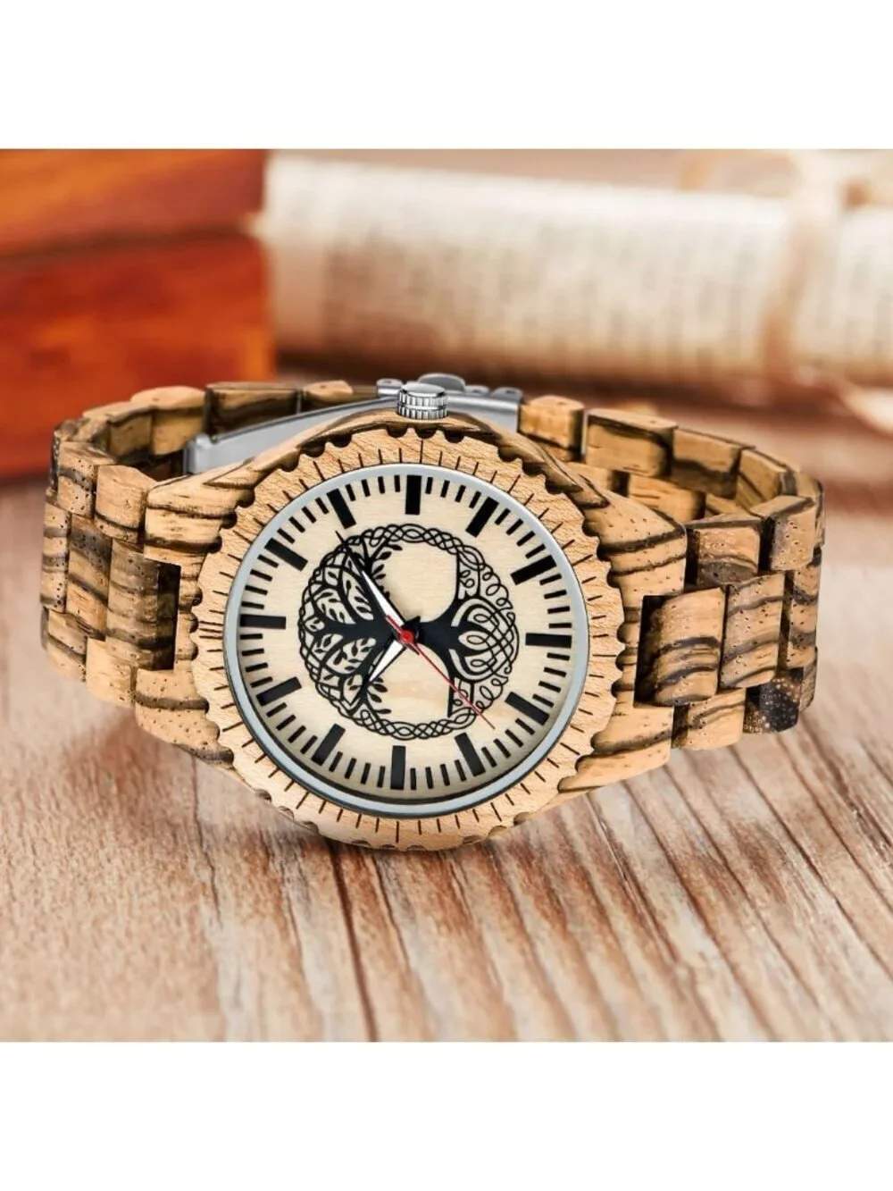 Men's Brown Tree 100% Manual Round Wrist Analog Quartz Handmade Wooden Watch